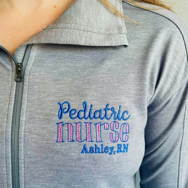 Personalized pediatric nurse full zip jacket, gift for CCLS, BSN, RN, lpn, cna, peds, nicu, picu, custom name and title, nursing, graduates