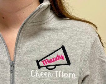 Personalized cheer mom pullover sweatshirt or full zip jacket with pockets, custom school colors megaphone, gift for cheer team or coach