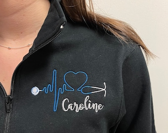 Personalized nurse heartbeat stethoscope gift, pullover 1/4 zip jacket, t-shirt, graduation gift for nursing school student,  embroidered