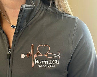 Personalized ICU RN full zip jacket, or pullover sweatshirt gift for nurses, heartbeat stethoscope, BSN, lpn, lvn, cna, rna, aprn, cma, pa