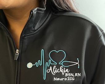 Nurse full zip jacket with pockets OR pullover sweatshirt, heartbeat stethoscope, personalized gift for BSN, RN, cna rna lpn pa aprn cma