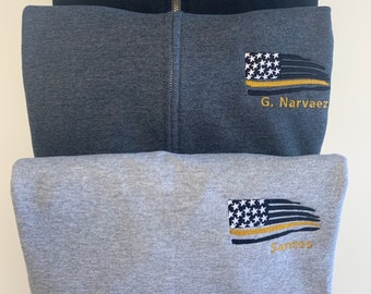 911 Dispatcher Sweatshirt, Thin gold line flag dispatcher shirt, first responder gift, personalized 911 operator pullover jacket