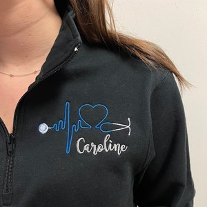 Personalized nurse heartbeat stethoscope gift, pullover 1/4 zip jacket, t-shirt, graduation gift for nursing school student,  embroidered