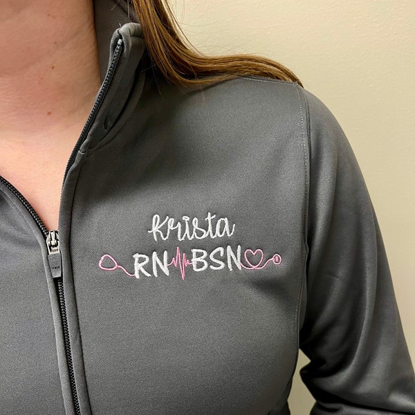 Personalized Nurse Gift, RN, BSN, graduation gift for Nurse, embroidered custom full zip jacket with pockets OR pullover sweatshirt, in plus