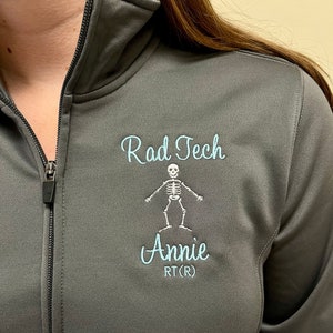 Rad Tech skeleton full zip jacket with pockets, Personalized gift for radiologist wear, students, graduates, RT, R, CT, hospital, office