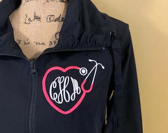 nurse jacket, custom monogrammed RN apparel, full zip with pockets, personalized nurse graduation gift, women’s cut, sport jacket