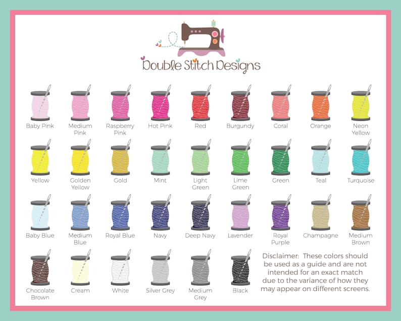 thread color options for custom embroidery, green, yellow, orange, brown, mint, kelly green, purple, lavender, silver, charcoal, chocolate, champagne, gold, neon, pink, blush, coral, burgundy, maroon, lime, baby blue, navy, royal, red, cream, white