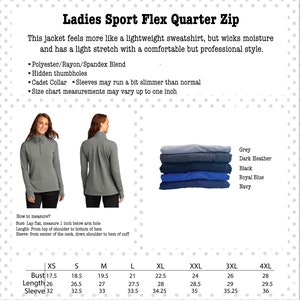 lightweight custom embroidered 1/4 zip sweatshirt, ladies fitted contoured cut, hidden thumbholes, pleated back detail, longer length, quarter zip with collar, no pockets in this shirt, perfect for layering, soft feel with some stretch, gray, black