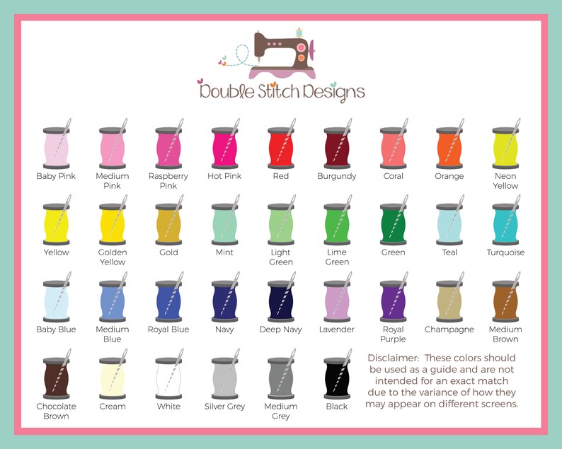 thread color options for custom embroidery, green, yellow, orange, brown, mint, kelly green, purple, lavender, silver, charcoal, chocolate, champagne, gold, neon, pink, blush, coral, burgundy, maroon, lime, baby blue, navy, royal, red, cream, white