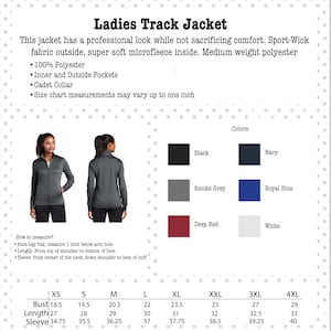 Ladies Cut Track Jacket: custom embroidered, medium weight full zip jacket, fitted ladies cut, slash pocket, soft feel, polyester blend, sweatshirt with collar, black, dark smoke grey, red, navy, true royal