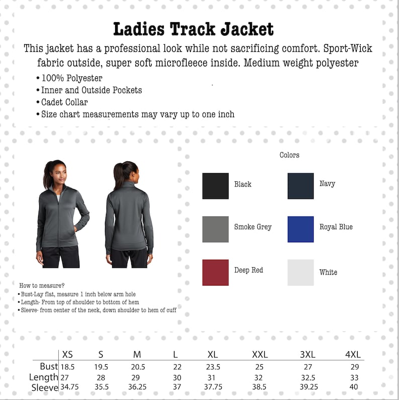 Ladies Cut Track Jacket: custom embroidered, medium weight full zip jacket, fitted ladies cut, slash pocket, soft feel, polyester blend, sweatshirt with collar, black, dark smoke grey, red, navy, true royal