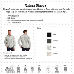 May include: Unisex sherpa fleece pullover in black, charcoal, grey, and oatmeal. The pullover has side vents and a bit of stretch. Size chart shows measurements in inches for chest, length, and sleeve.
