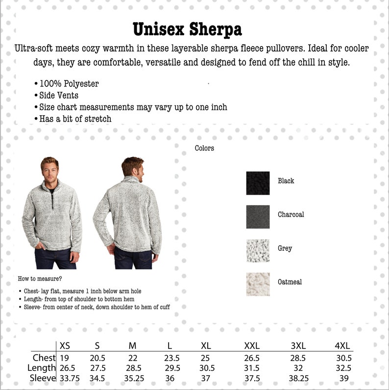May include: Unisex sherpa fleece pullover in black, charcoal, grey, and oatmeal. The pullover has side vents and a bit of stretch. Size chart shows measurements in inches for chest, length, and sleeve.