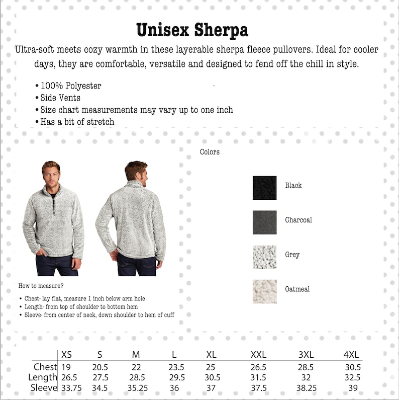 pullover sherpa, unisex sizing, custom embroidered, polyester, soft inside and outside feel, great high quality, side vents, some stretch, black, grey, charcoal, oatmeal