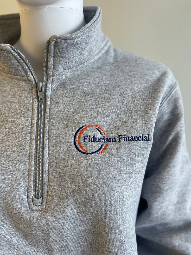 your custom logo stitched embroidered on a quarter zip pullover sweatshirt, crewneck, sherpa, or full zip jacket with pockets personalized logo work, office shirts, corporate gifts, small business logo gift for coworker retiree new employee, company