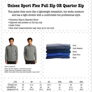 lightweight pullover quarter zip sweatshirt or full zip jacket, full-zip with zipper pockets, unisex sizing, comfy fit, jacket with collar, soft feel, poly/rayon/spandex blend, gray, royal blue, black, dark heather, custom name, title, credentials