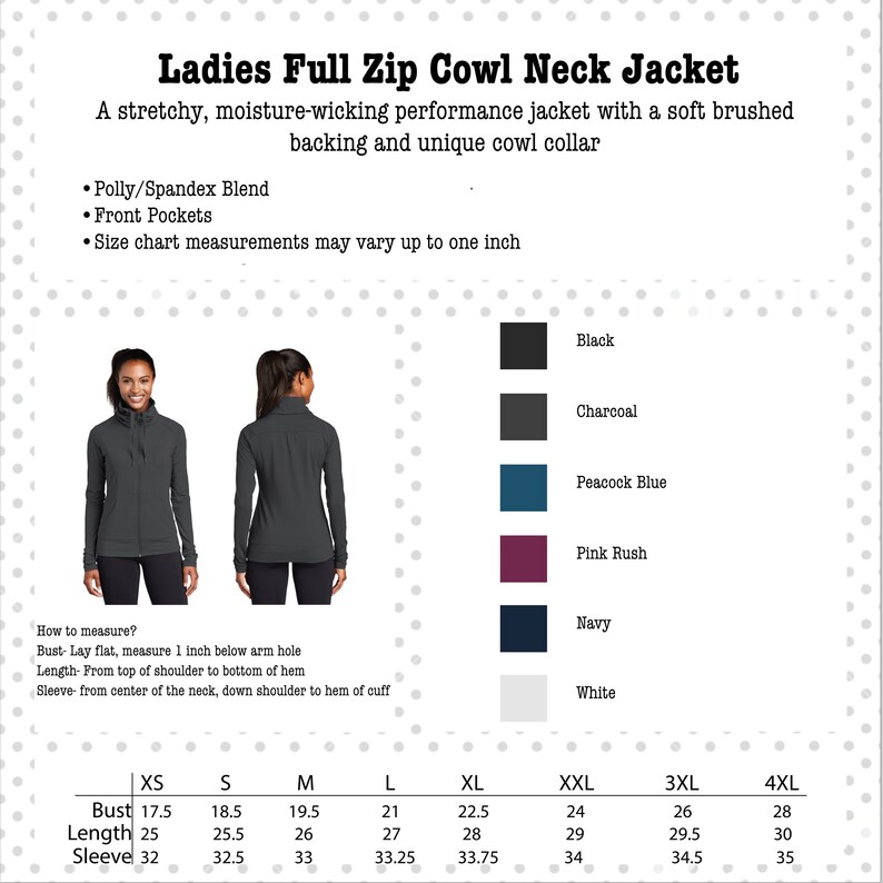 custom embroidered, full zip jacket with pockets, cowl neck collar, poly/spandex blend, fitted ladies cut, with some stretch, soft feel, charcoal grey, black, blue, pink, navy