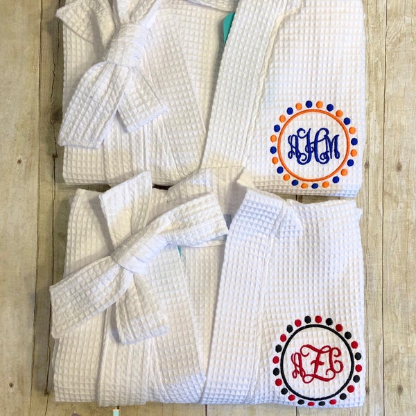 Gift for high school grad, university colors graduation gift for her, college necessities, waffle weave spa robe, embroidered monogram