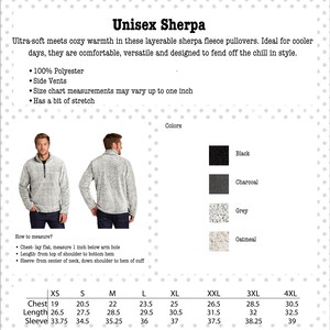 May include: Unisex sherpa fleece pullover in black, charcoal, grey, and oatmeal. The pullover has side vents and a bit of stretch. Size chart shows measurements in inches for chest, length, and sleeve.