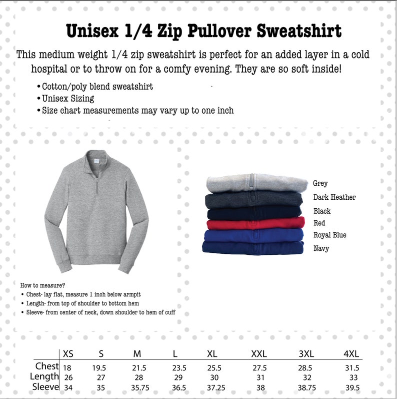 pullover 1/4 zip sweatshirt, unisex sizing, custom embroidered, cotton/poly blend, soft inside and outside feel, great high quality, quarter zip with collar, no pockets, baggy comfy fit, gray, black, navy, red, dark heather, royal