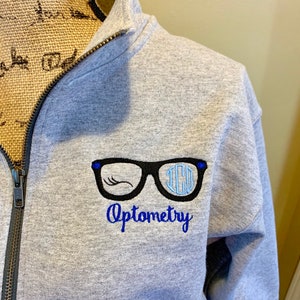 gift for optometrist, ophthalmologist, optometry shirt, pullover quarter zip jacket or tshirt, personalized embroidered, optometry student g