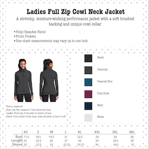 ladies Cowl Neck jacket: custom embroidered, full zip jacket with pockets, cowl neck collar, poly/spandex blend, fitted ladies cut, with some stretch, soft feel, charcoal grey, black, blue, pink, navy