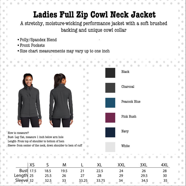 ladies Cowl Neck jacket: custom embroidered, full zip jacket with pockets, cowl neck collar, poly/spandex blend, fitted ladies cut, with some stretch, soft feel, charcoal grey, black, blue, pink, navy