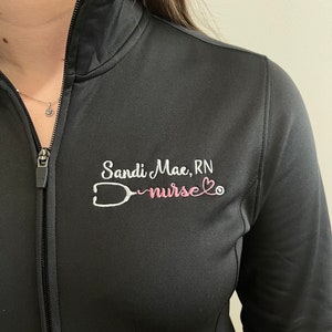 Personalized nurse jacket, full zip jacket with pockets, custom gift for nurse,  BSN, RN, LPN, cma aprn, nursing student graduation