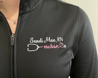 Personalized nurse jacket, full zip jacket with pockets, custom gift for nurse,  BSN, RN, LPN, cma aprn, nursing student graduation