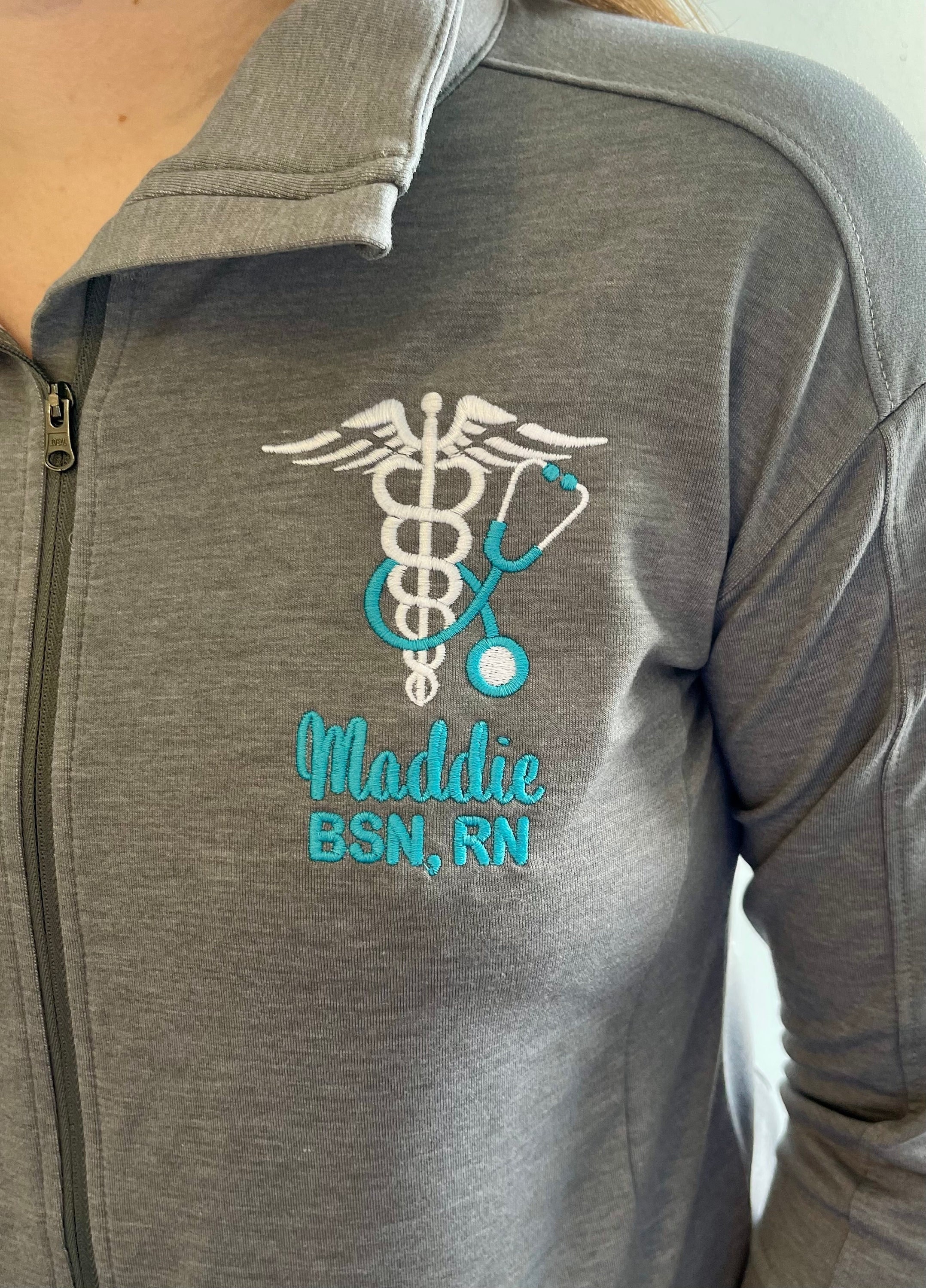Custom nurse full zip jacket with pockets or personalized pullover sweatshirt, gift for BSN, RN, LPN, office hospital attire cna, cma, aprn