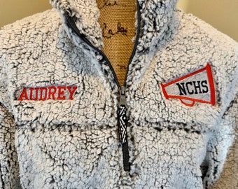 Cheer jackets,gift for cheerleader, megaphone with customized name and school initials jackets, team sherpa for any sport, 1/4 zip pullover