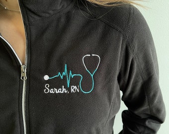 Nurse jacket, gift for nurse, full zip micro fleece, women’s cut, lightweight jacket, plus sizes, personalized nurse gift, name and title