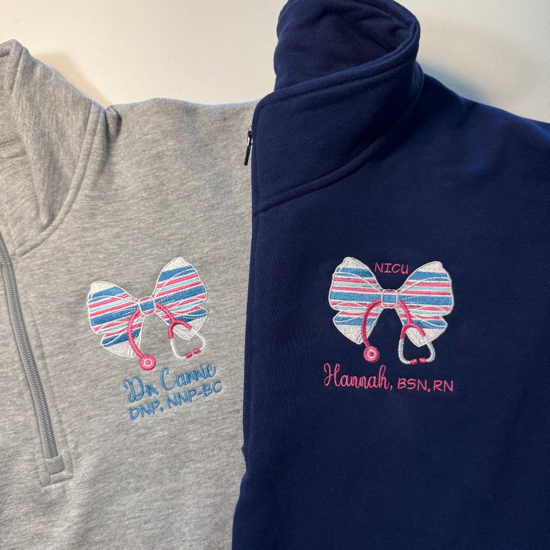 NICU, labor and delivery, mother baby custom jacket or sweatshirt, with pockets, striped bow design with stethoscope, pink, blue, white, gray, navy, black, charcoal, perfect gift for nurse, nurse tech, cna, ma, NP, Dr, obstetrician office, OB, L&D, M/B, personalized embroidered, high end, gift for coworker, wife, mom, sister, friend, office shirts, pullover sweater, layer over scrubbs, christmas gift, graduation gift, birthday gift, new nurse, nurse graduation gift, nursing school graduate