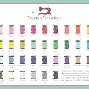thread color options for custom embroidery, green, yellow, orange, brown, mint, kelly green, purple, lavender, silver, charcoal, chocolate, champagne, gold, neon, pink, blush, coral, burgundy, maroon, lime, baby blue, navy, royal, red, cream, white