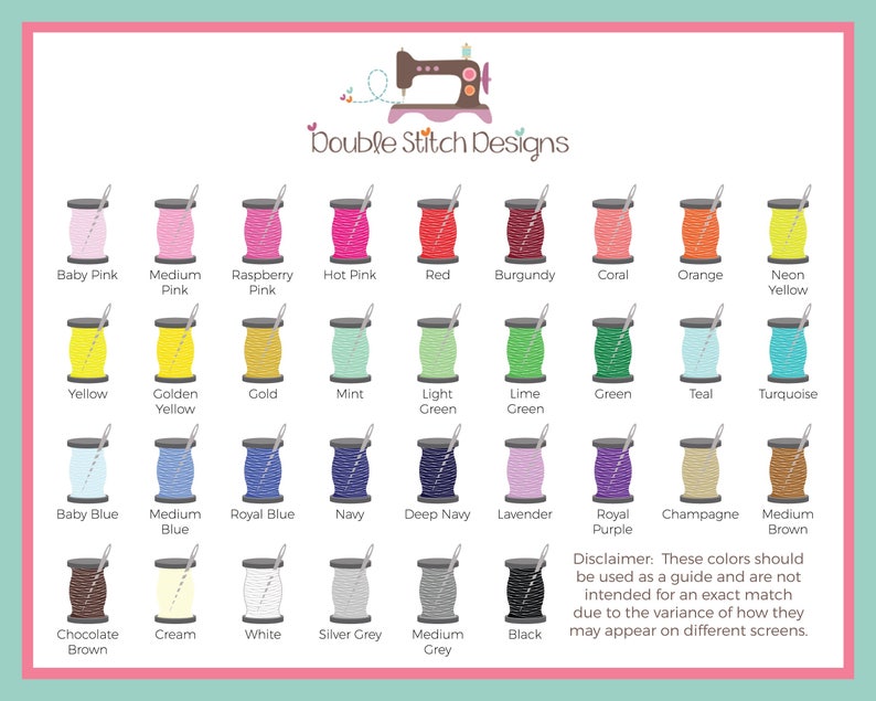 thread color options for custom embroidery, green, yellow, orange, brown, mint, kelly green, purple, lavender, silver, charcoal, chocolate, champagne, gold, neon, pink, blush, coral, burgundy, maroon, lime, baby blue, navy, royal, red, cream, white