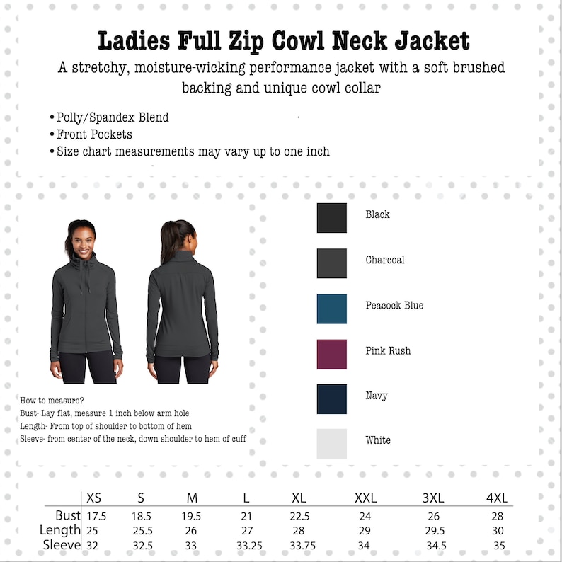 Pu&ograve; includere: Una giacca con collo a cappuccio e zip integrale, con un morbido retro spazzolato. La giacca &egrave; disponibile in nero, antracite, blu pavone, rosa acceso, blu navy e bianco. La tabella delle taglie mostra le misure in pollici per il busto, la lunghezza e la manica.