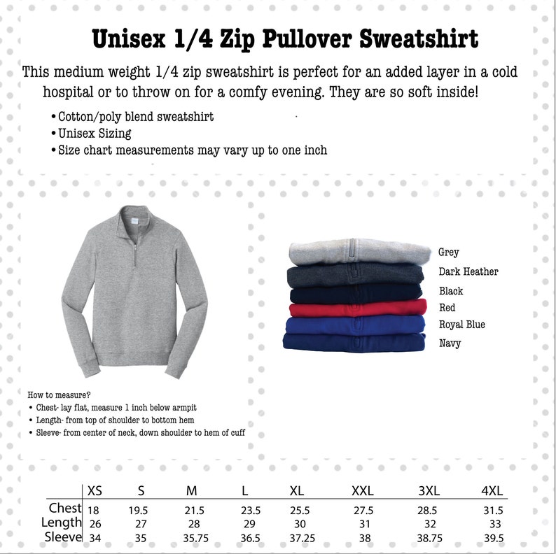 Pu&ograve; includere: Felpa con zip 1/4 unisex, disponibile in vari colori, tra cui grigio, grigio melange scuro, nero, rosso, blu reale e blu navy. La tabella delle taglie mostra le misure in pollici per il petto, la lunghezza e la manica.