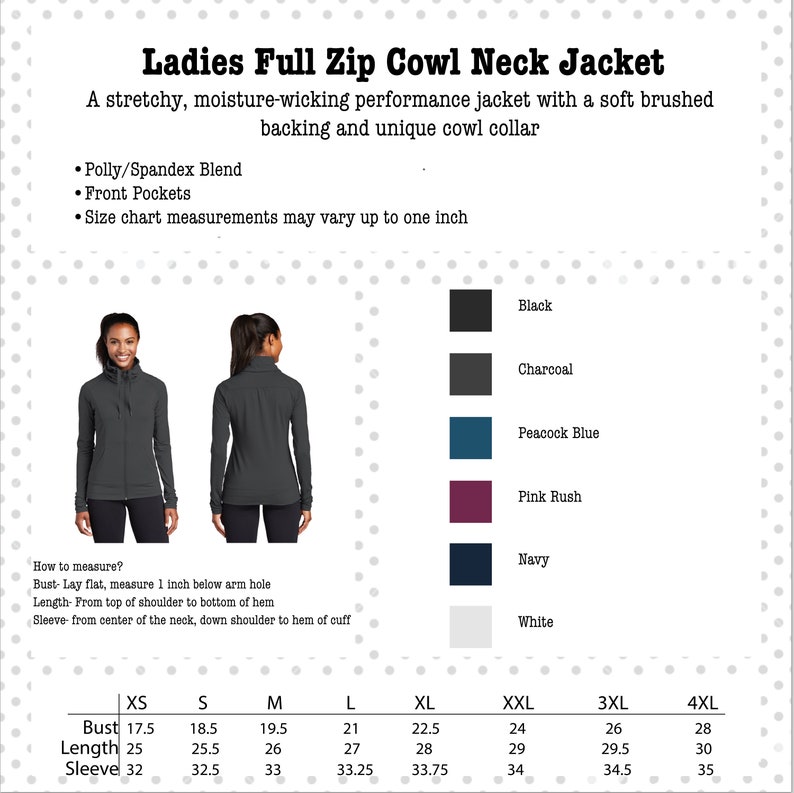 custom embroidered, full zip jacket with pockets, cowl neck collar, poly/spandex blend, fitted ladies cut, with some stretch, soft feel, charcoal grey, black, blue, pink, navy