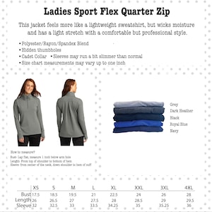 lightweight custom embroidered 1/4 zip sweatshirt, ladies fitted contoured cut, hidden thumbholes, pleated back detail, longer length, quarter zip with collar, no pockets in this shirt, perfect for layering, soft feel with some stretch, gray, black