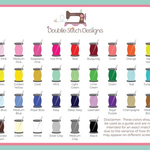 thread color options for custom embroidery, green, yellow, orange, brown, mint, kelly green, purple, lavender, silver, charcoal, chocolate, champagne, gold, neon, pink, blush, coral, burgundy, maroon, lime, baby blue, navy, royal, red, cream, white