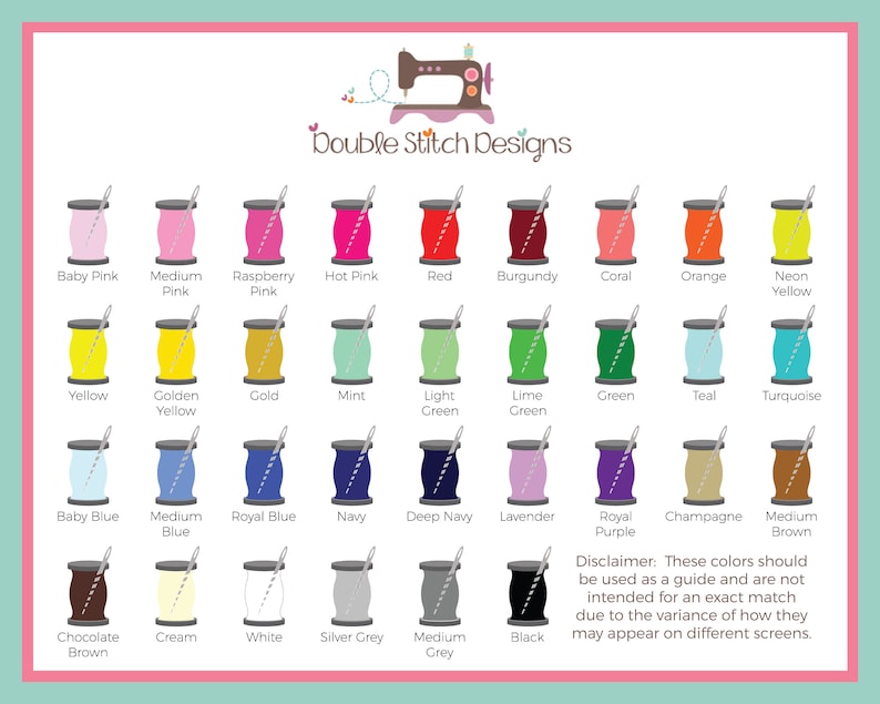 thread color options for custom embroidery, green, yellow, orange, brown, mint, kelly green, purple, lavender, silver, charcoal, chocolate, champagne, gold, neon, pink, blush, coral, burgundy, maroon, lime, baby blue, navy, royal, red, cream, white