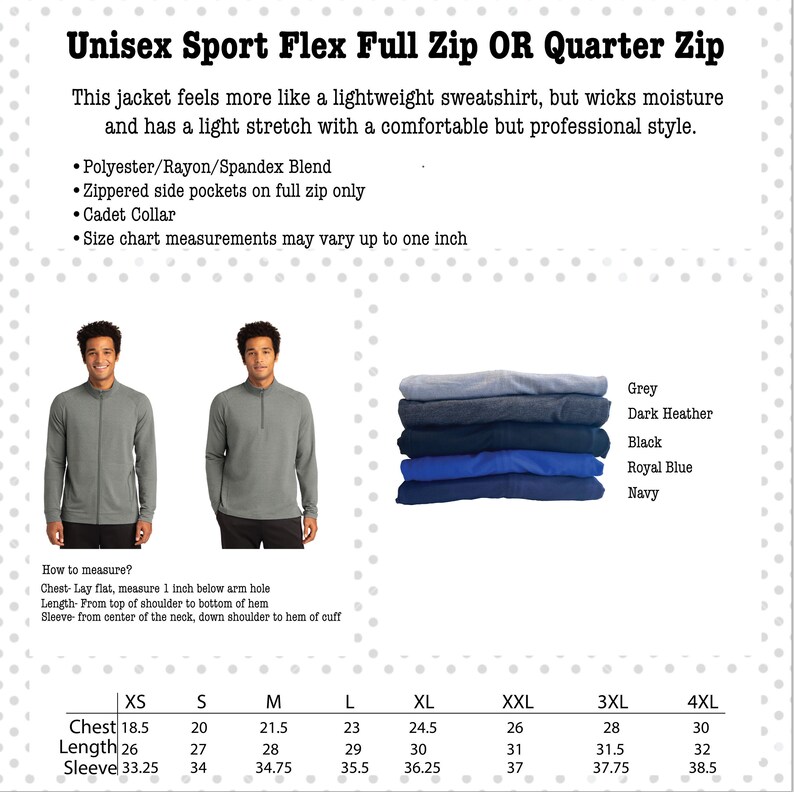 Pu&ograve; includere: Tabella delle taglie per una giacca unisex con zip integrale o zip a quarto, realizzata in un mix di poliestere, rayon e spandex. La tabella mostra le misure in pollici per il petto, la lunghezza e la manica per le taglie XS a 4XL.