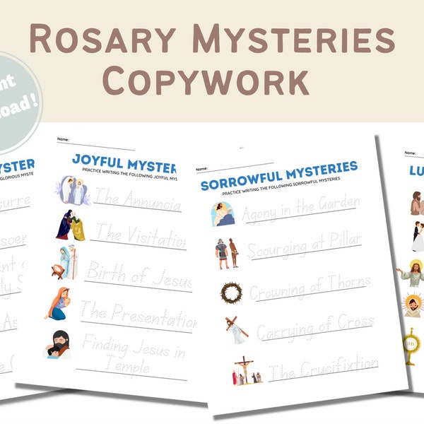 Catholic Homeschool | Rosary Mysteries | Copywork | Tracing | Digital Download Pages | Instant Catholic School Printable