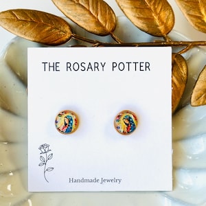 Virgin Mary Auspice Maria Handmade Catholic Clay Stud Earrings | Gold Post | Confirmation, First Communion Gift | Catholic Teacher Gift