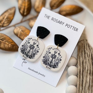 Memento Mori Handmade Catholic Clay Dangle Earrings | Gold Post