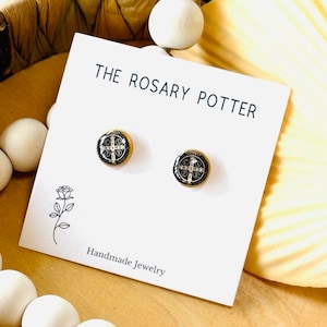 Saint Benedict Handmade Stud Earrings, Confirmation gift , Catholic Gift for Her, Polymer Clay earrings, Saint Stud Earring, Benedict Medal