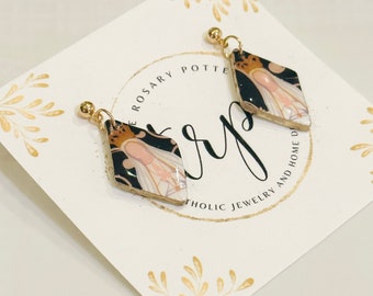 Our Lady of Fatima Handmade Catholic Clay Earrings Gold Post