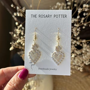 Sacred Heart Polymer Clay Earrings: White and Gold Catholic Jewelry