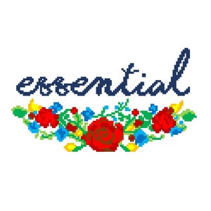 May include: A floral design with red, yellow, blue, and green flowers. The word "essential" is written in blue cursive above the flowers.