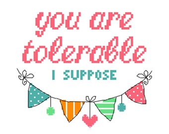 Puede incluir: Una tarjeta rosa y blanca con el texto "You are tolerable I suppose" en rosa. Una cadena de banderas coloridas con lunares blancos, rayas naranjas, rayas verdes y lunares rosas cuelga debajo del texto.